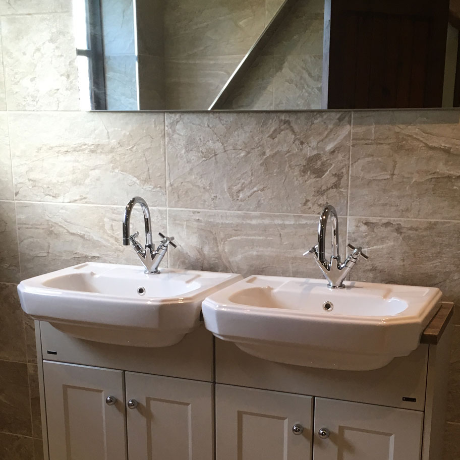 bathroom twin sink tiles mirror