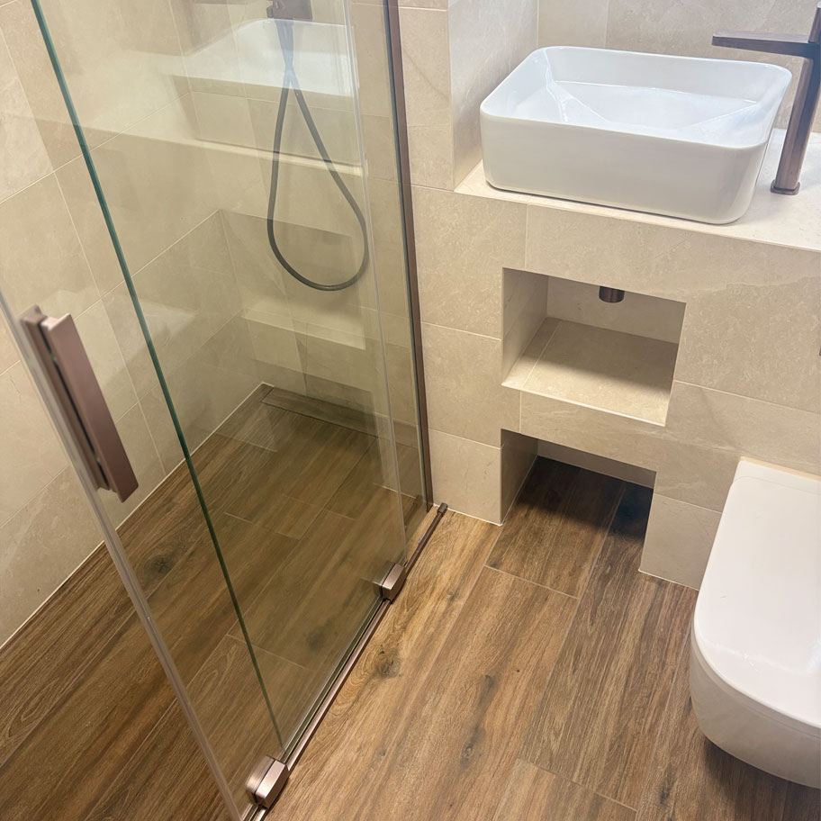 walk in shower room sink tiling flooring