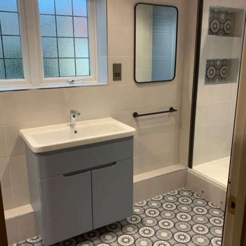 walk in shower sink mirror tiling