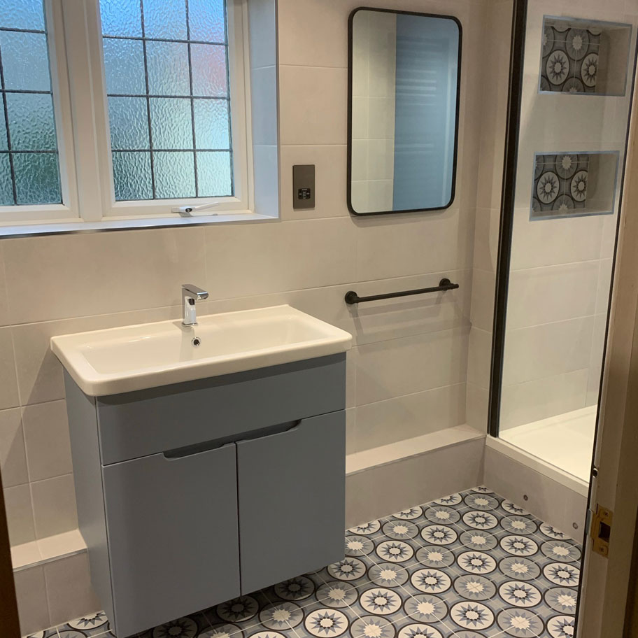 walk in shower sink mirror tiling